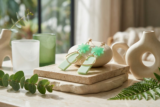 Green Ines floral heart dangle earrings in a styled product setting
