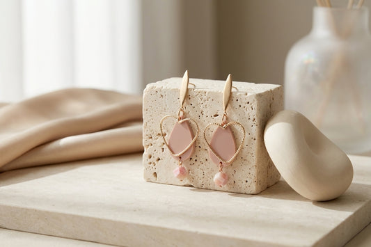 Beige Sofia heart teardrop dangle earrings in a styled product setting