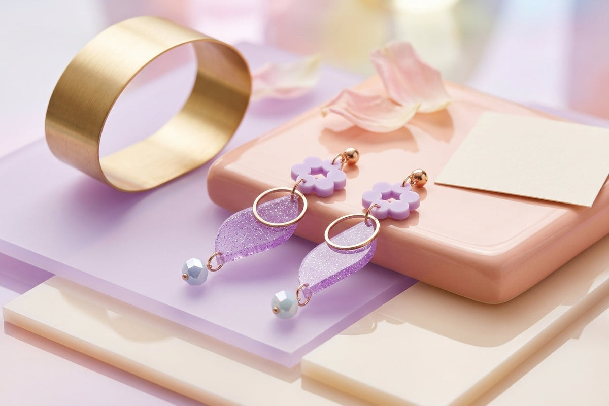 Purple Elsa floral long dangle earrings in a styled product setting