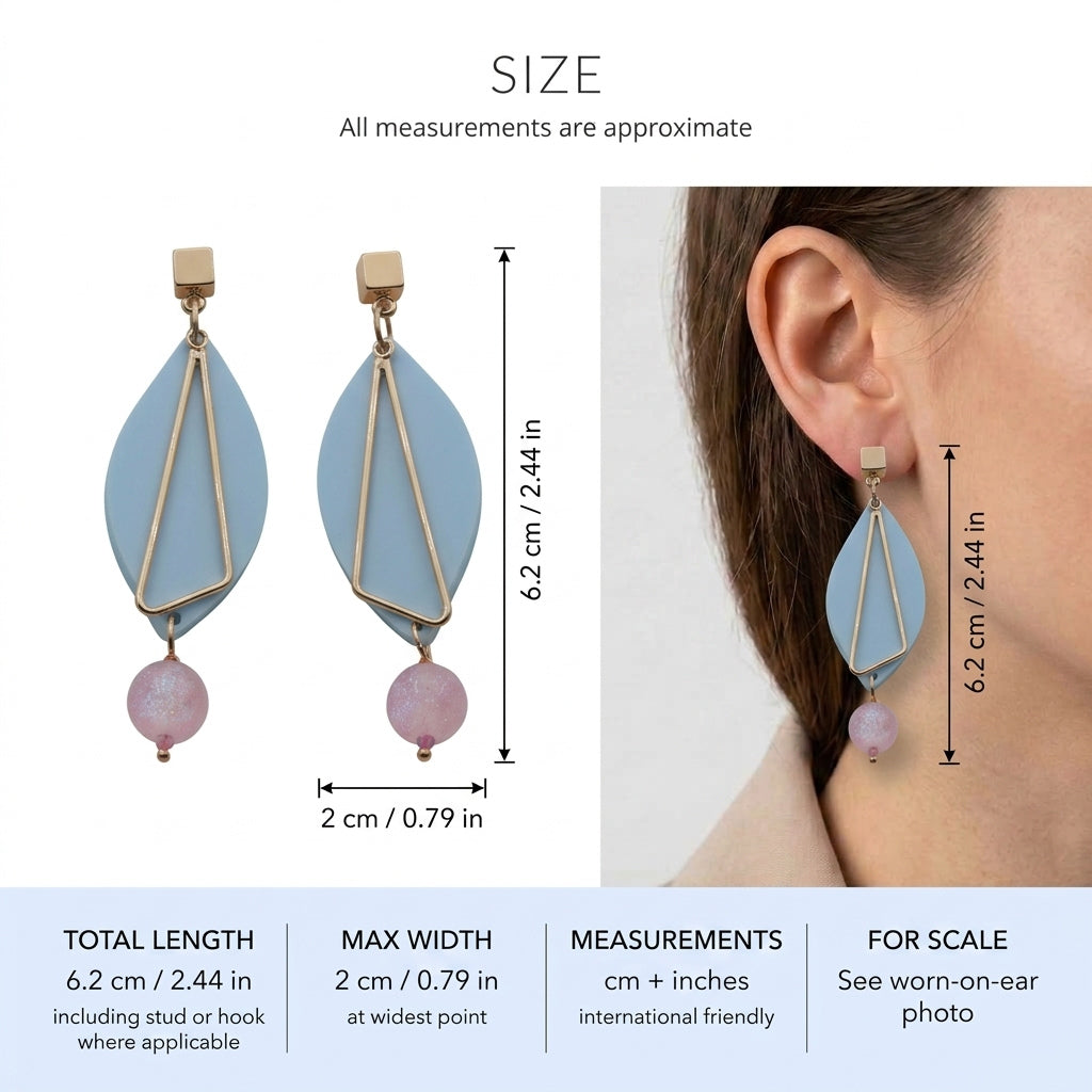 Ada geometric acrylic statement earrings size guide showing 5.9 × 1.9 cm