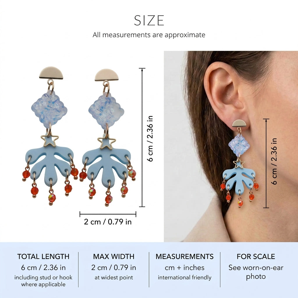 Alba acrylic statement dangle earrings size guide showing 6 × 2 cm