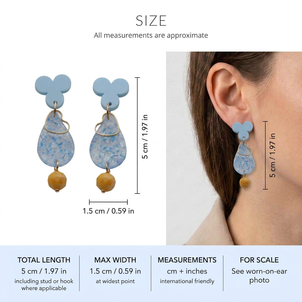 Ana teardrop acrylic dangle earrings size guide showing 5 × 1.5 cm