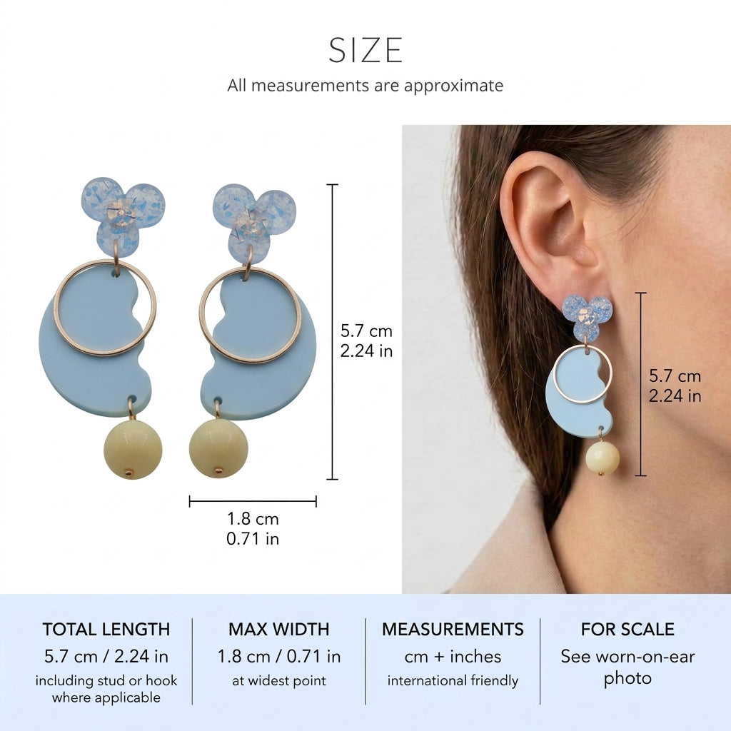 Ayla modern acrylic statement earrings size guide showing 5.7 × 1.8 cm