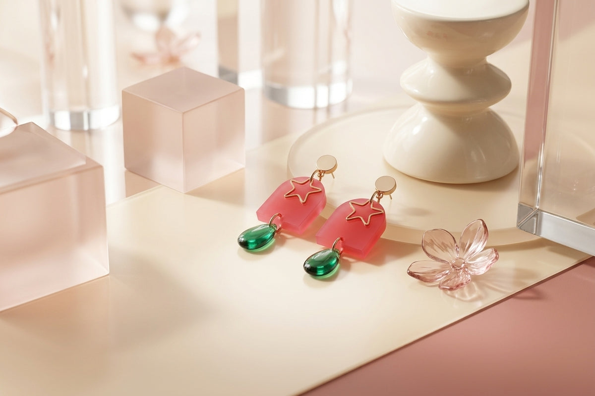 Pink Eira star acrylic drop earrings in a styled product setting