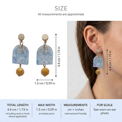 Eira star acrylic drop earrings size guide showing 4.4 × 1.5 cm