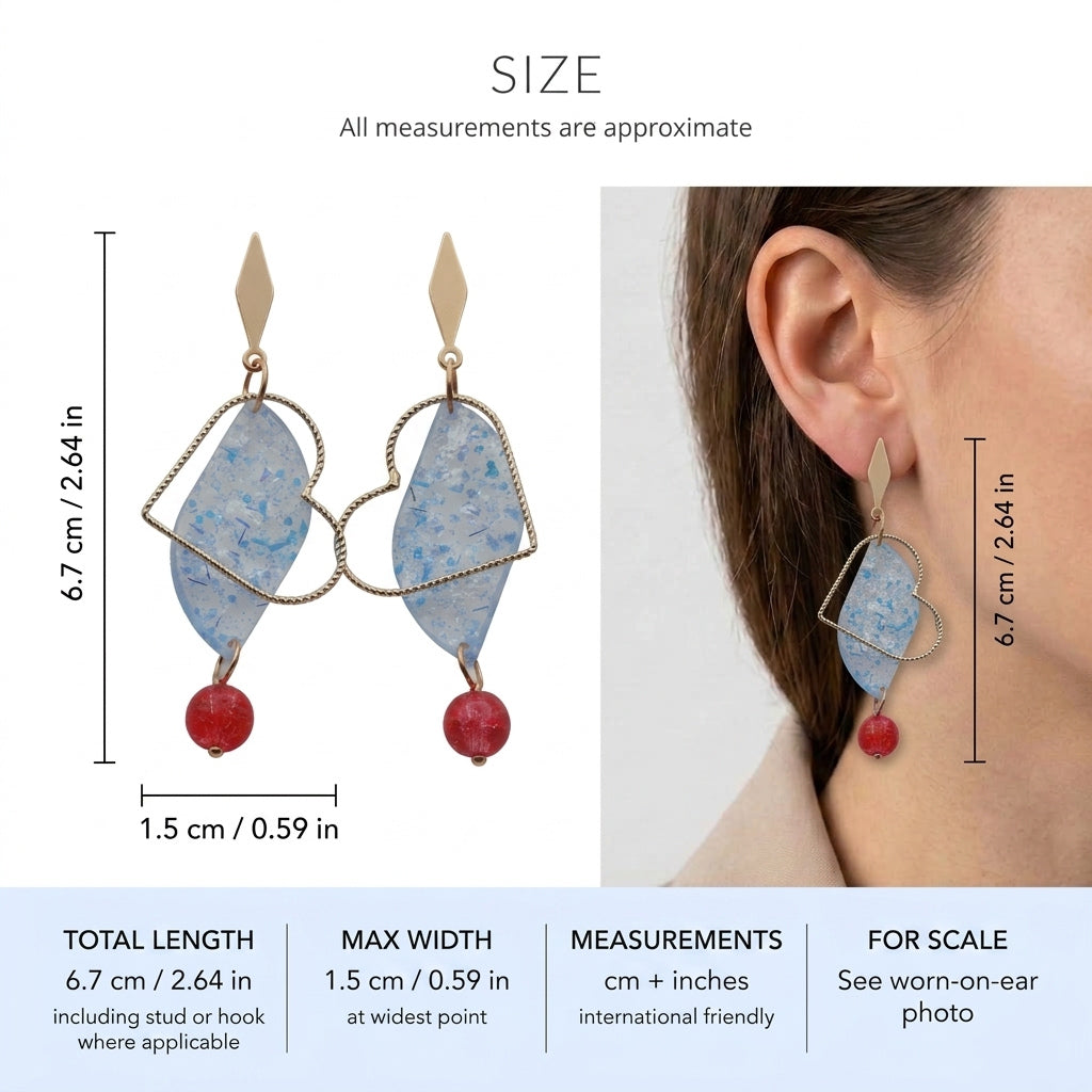 Elise long heart dangle earrings size guide showing 6.7 × 1.5 cm