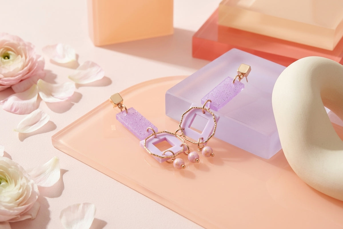 Purple Ella geometric rectangle drop earrings in a styled product setting