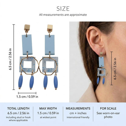 Ella geometric rectangle drop earrings size guide showing 6.5 × 1.5 cm