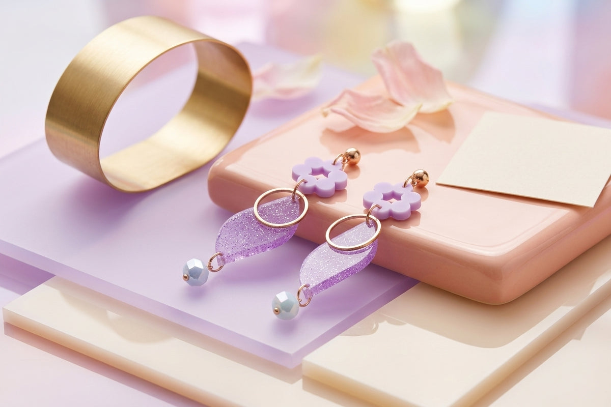 Purple Elsa floral long dangle earrings in a styled product setting