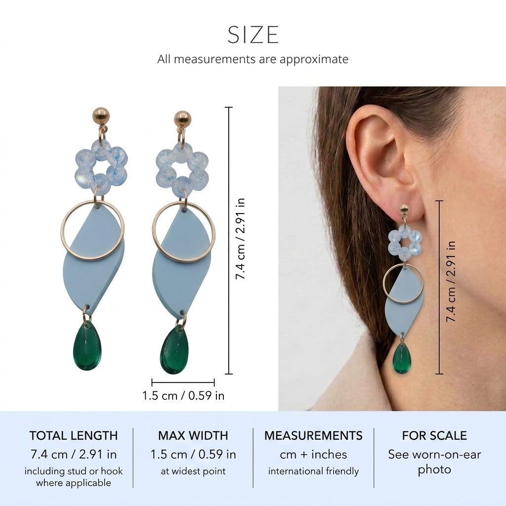 Elsa floral long dangle earrings size guide showing 7.4 × 1.5 cm