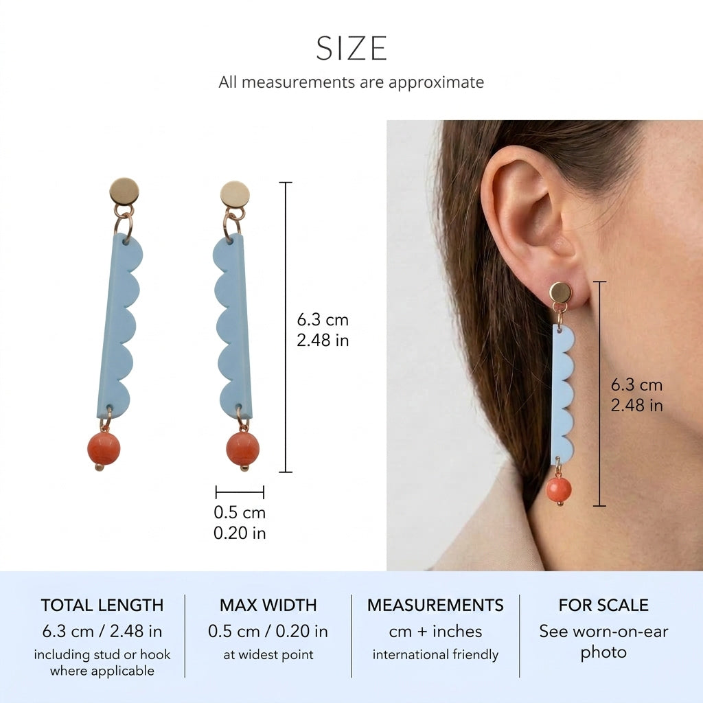 Emma long geometric acrylic earrings size guide showing 6.3 × 0.5 cm