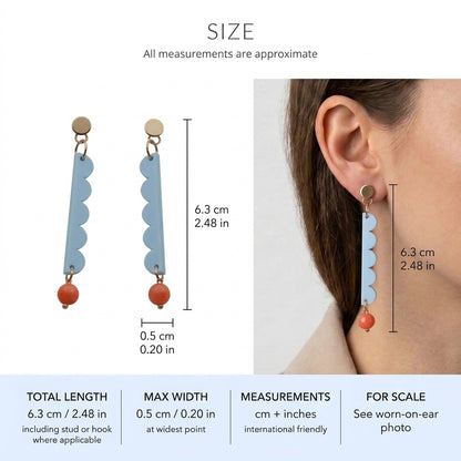 Emma long geometric acrylic earrings size guide showing 6.3 × 0.5 cm