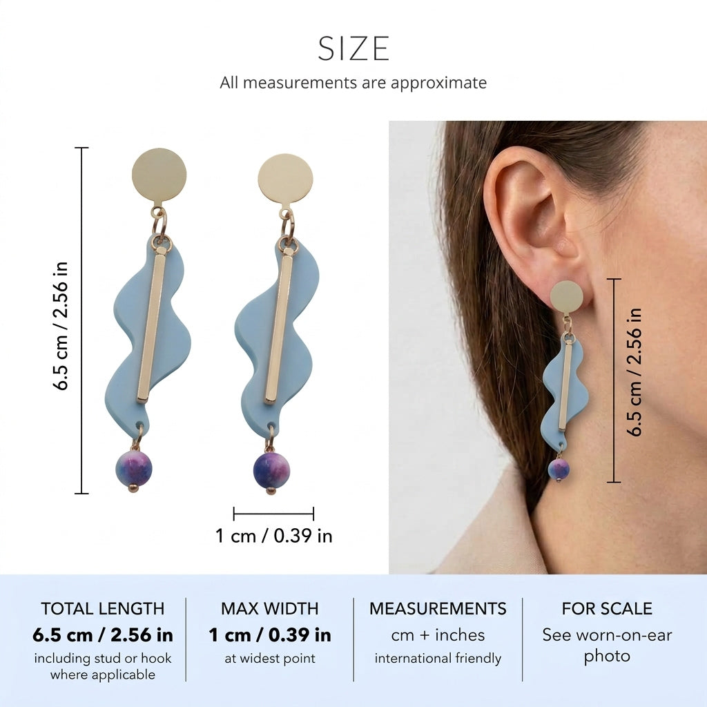 Esme long acrylic statement earrings size guide showing 6.5 × 1 cm