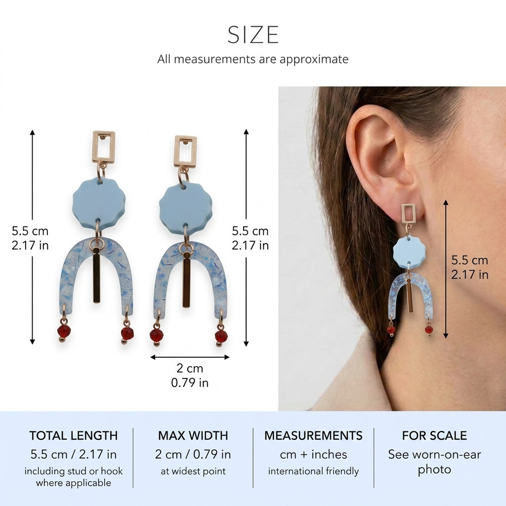 Eva geometric beaded drop earrings size guide showing 5.5 × 2 cm