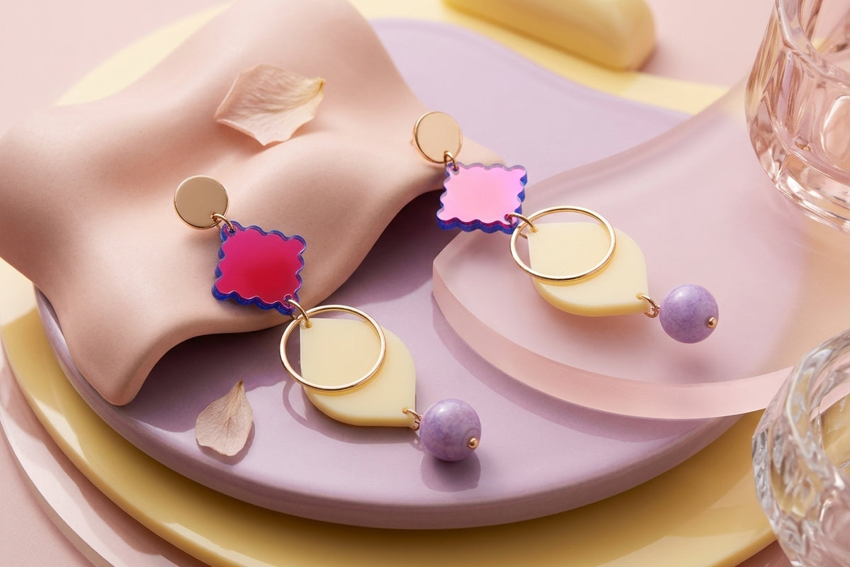 HB Fien long geometric drop earrings in a styled product setting