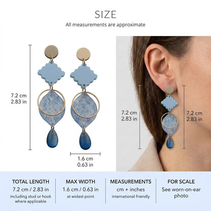 Fien long geometric drop earrings size guide showing 7.2 × 1.6 cm