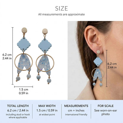 Fleur geometric acrylic statement earrings size guide showing 6.2 × 1.5 cm