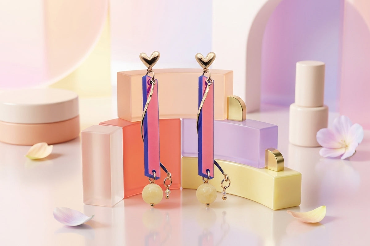 HB Ina long rectangle acrylic earrings in a styled product setting