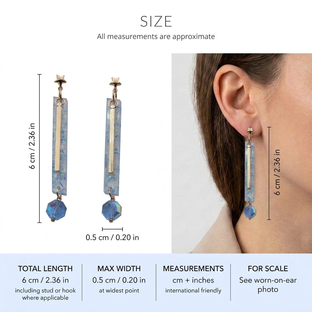 Ina long rectangle acrylic earrings size guide showing 6 × 0.5 cm