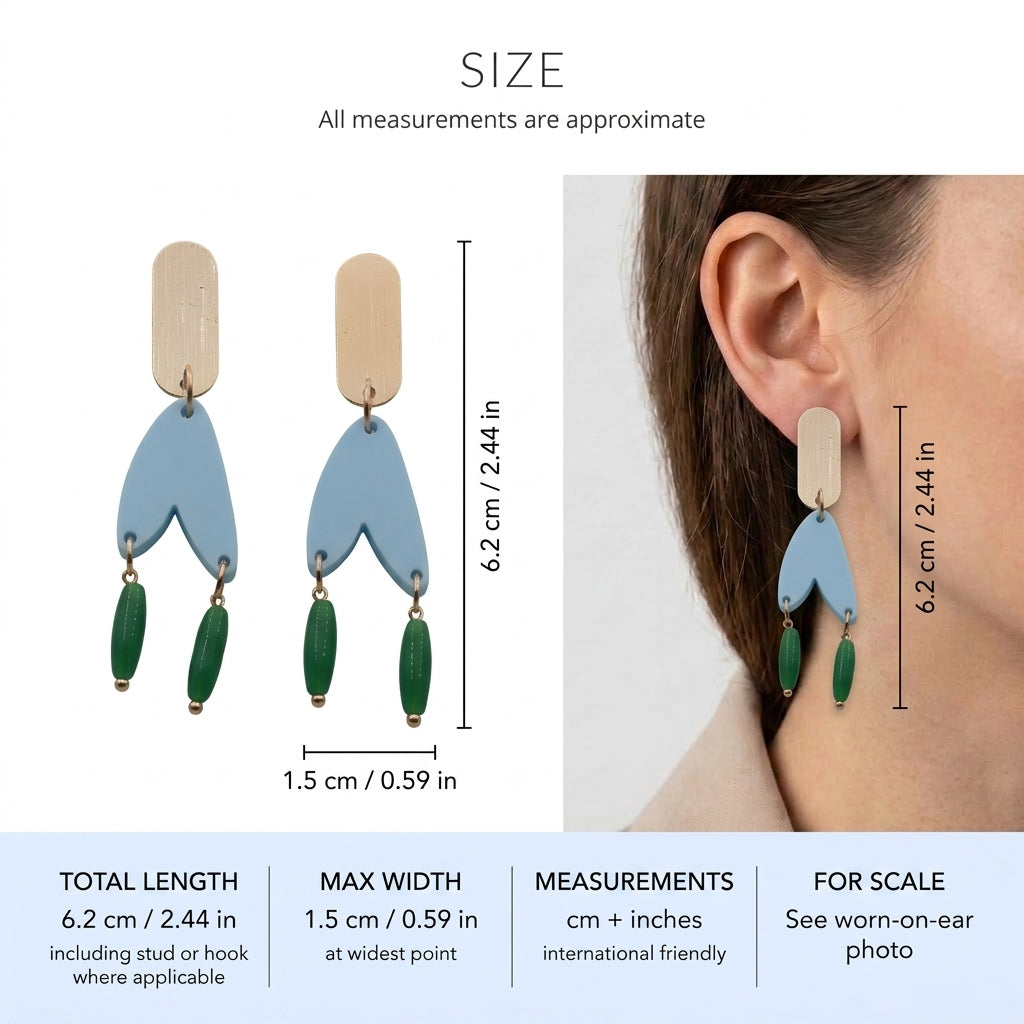 Iris geometric long drop earrings size guide showing 6.2 × 1.5 cm
