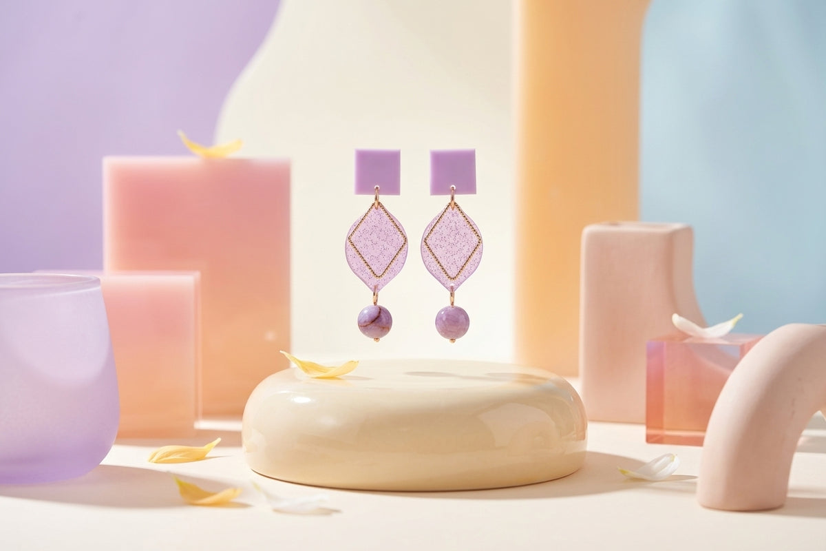 Purple Lara heart acrylic dangle earrings in a styled product setting