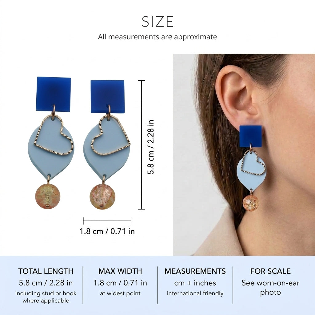 Lara heart acrylic dangle earrings size guide showing 5.8 × 1.8 cm