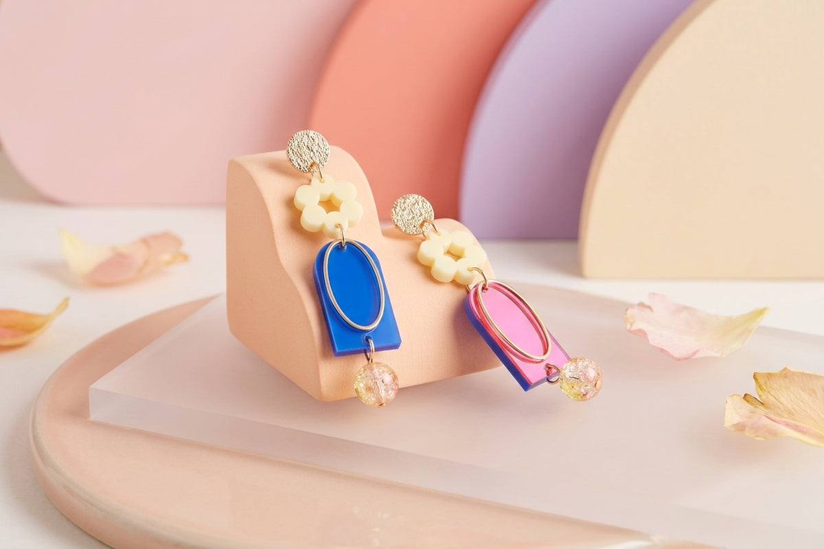 HB Lena floral long drop earrings in a styled product setting