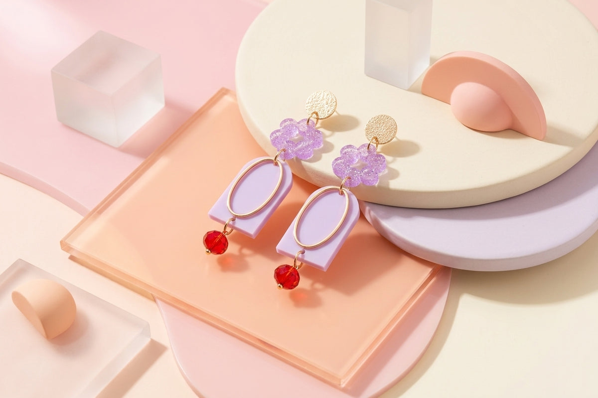 Purple Lena floral long drop earrings in a styled product setting
