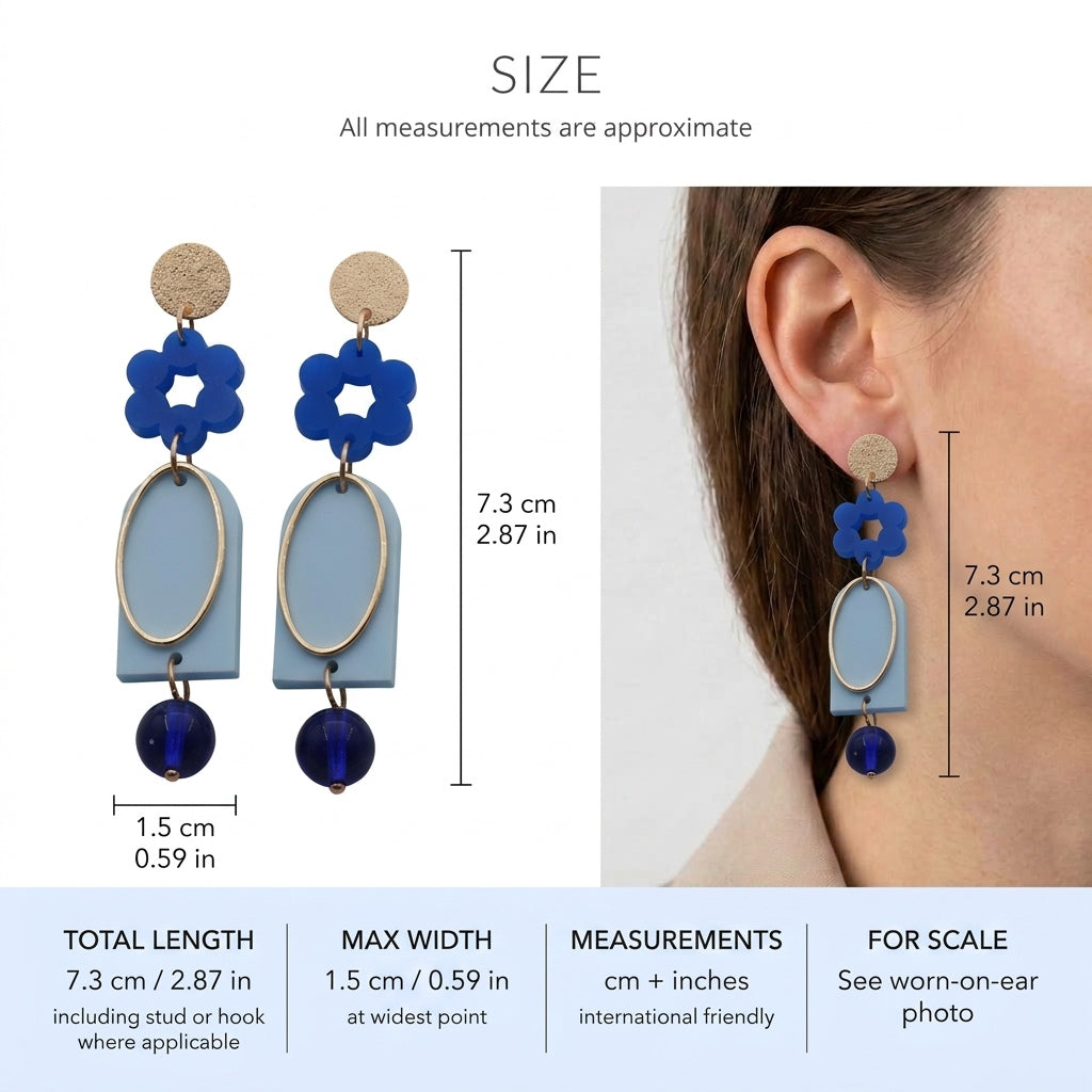 Lena floral long drop earrings size guide showing 7.3 × 1.5 cm