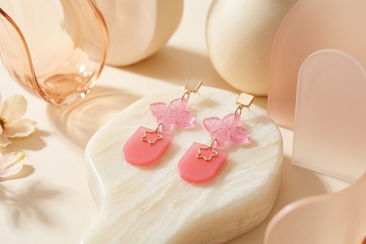 Pink Lia floral heart drop earrings in a styled product setting