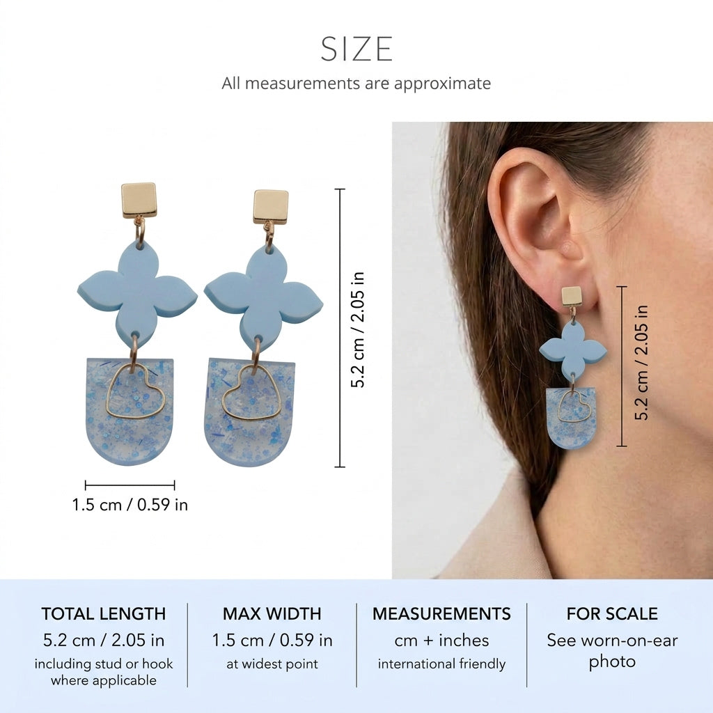 Lia floral heart drop earrings size guide showing 5.2 × 1.5 cm