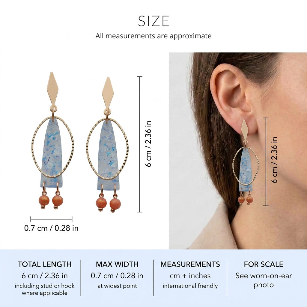Lina long geometric acrylic earrings size guide showing 6 × 0.7 cm