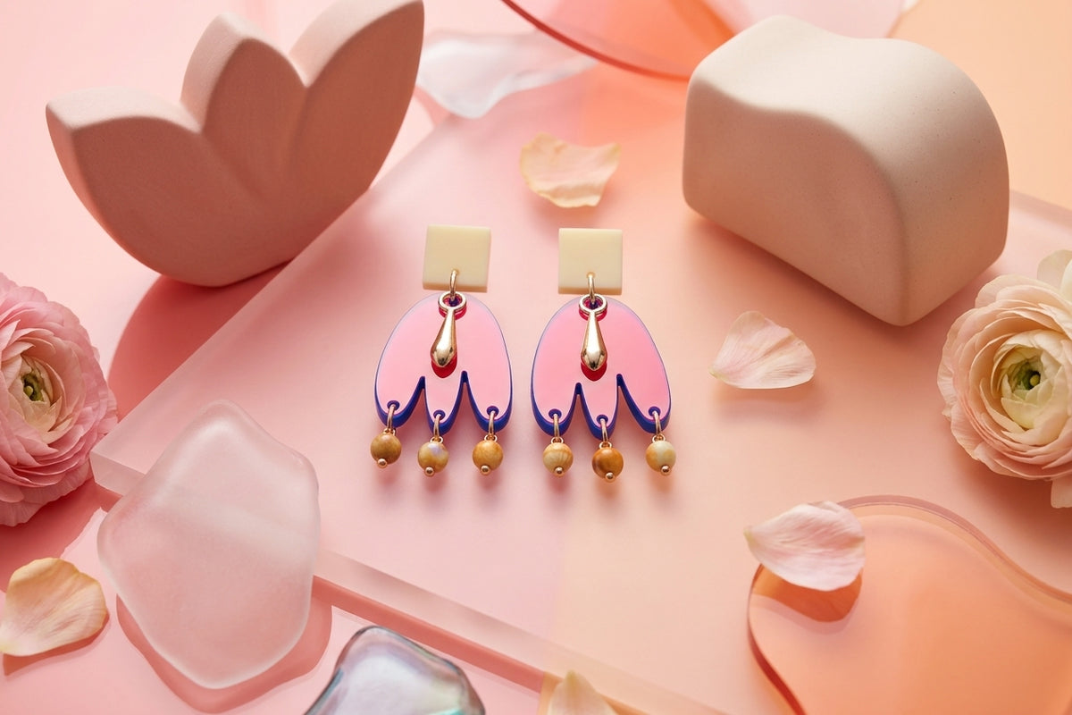 HB Liv acrylic beaded statement earrings in a styled product setting