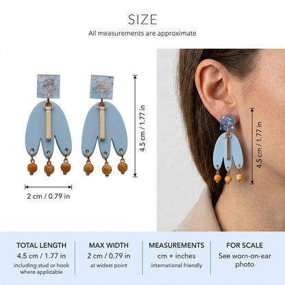 Liv acrylic beaded statement earrings size guide showing 4.5 × 2 cm