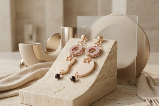 Beige Lucia floral star dangle earrings in a styled product setting