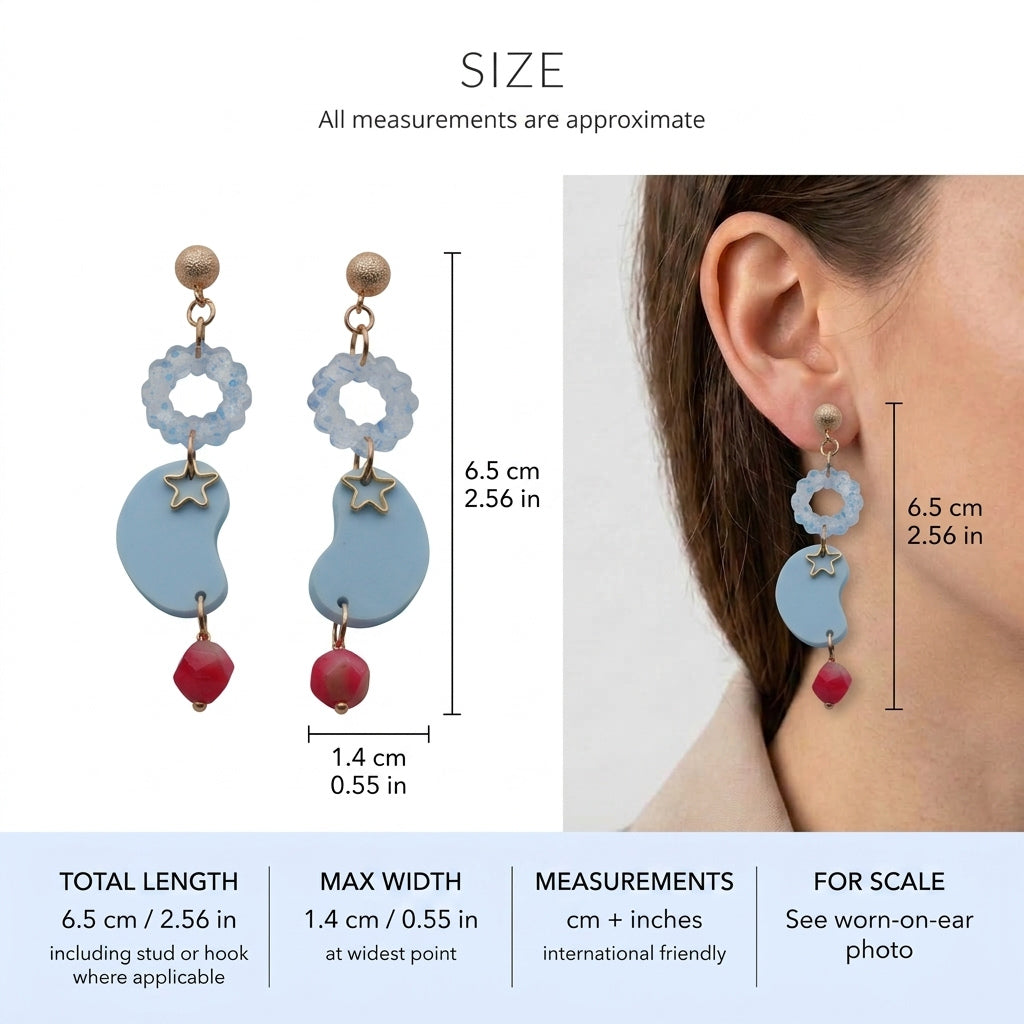 Lucia floral star dangle earrings size guide showing 6.5 × 1.4 cm
