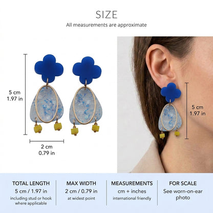 Maud flower statement earrings size guide showing 5 × 2 cm