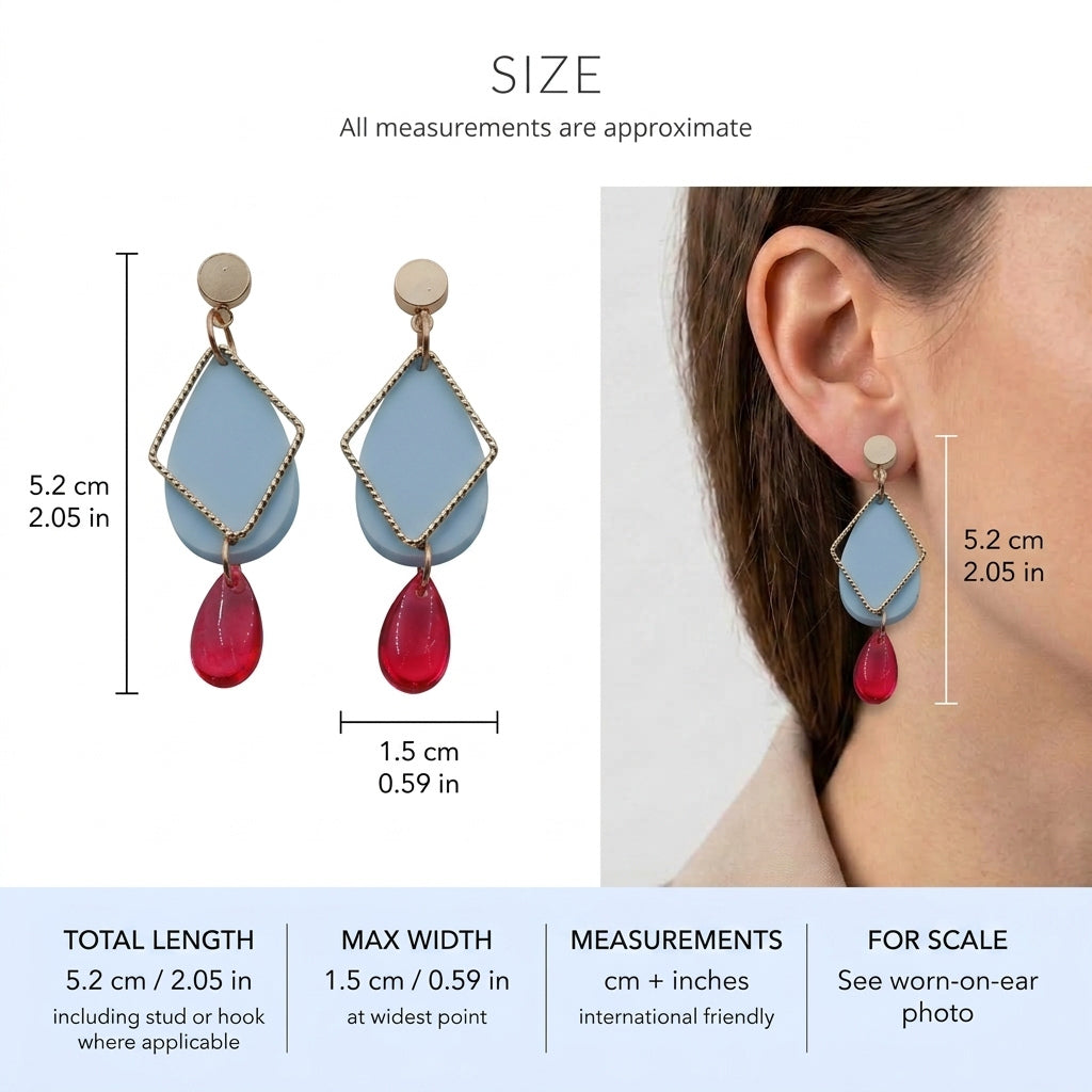 Mia geometric teardrop earrings size guide showing 5.2 × 1.5 cm