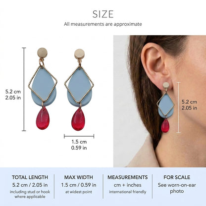 Mia geometric teardrop earrings size guide showing 5.2 × 1.5 cm