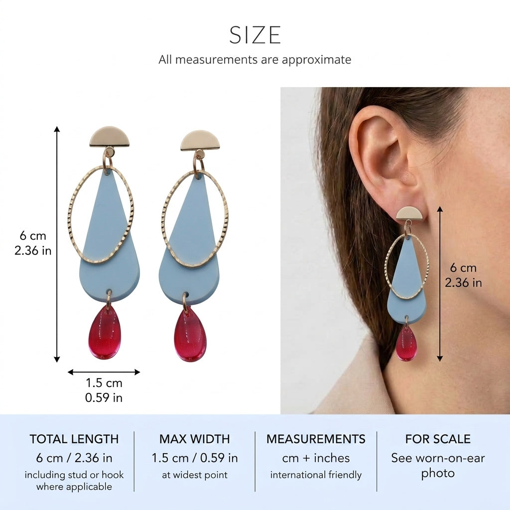 Mila teardrop statement earrings size guide showing 6 × 1.5 cm