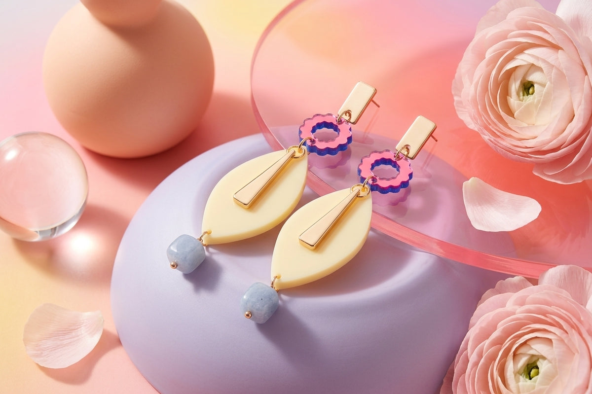 HB Nia long geometric statement earrings in a styled product setting