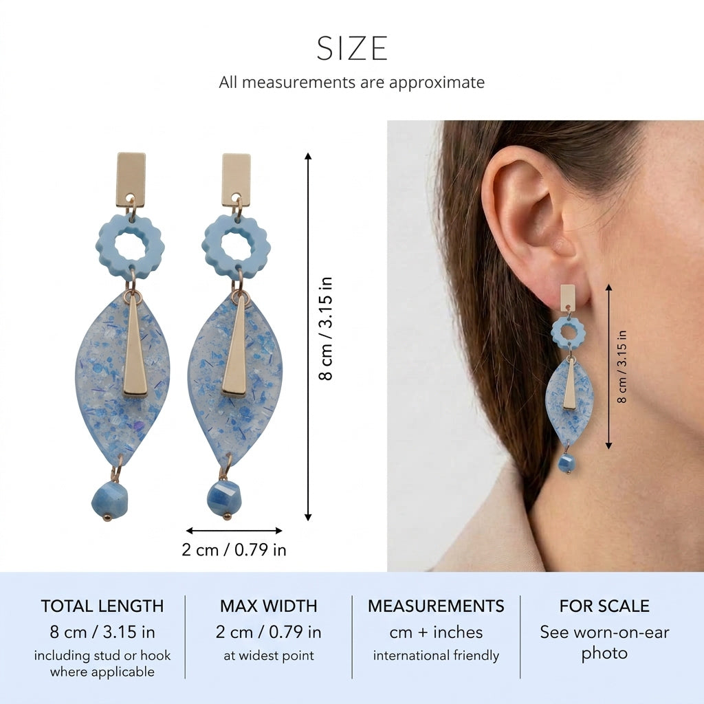 Nia long geometric statement earrings size guide showing 8 × 2 cm