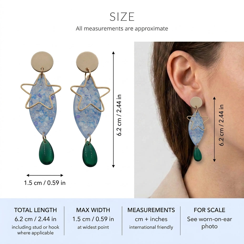 Nina star geometric dangle earrings size guide showing 6.2 × 1.5 cm