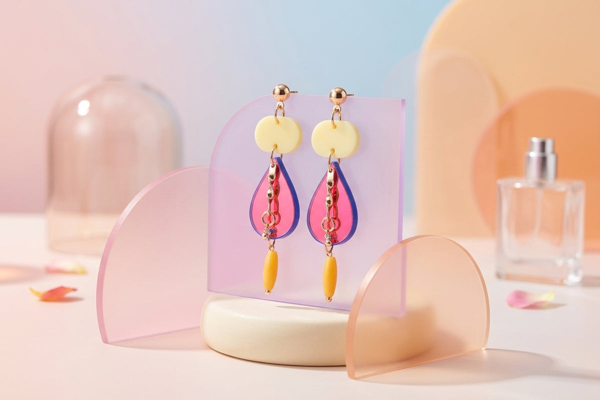 HB Noor teardrop acrylic drop earrings in a styled product setting