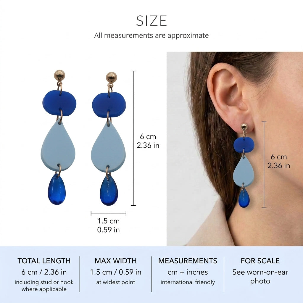Noor teardrop acrylic drop earrings size guide showing 6 × 1.5 cm