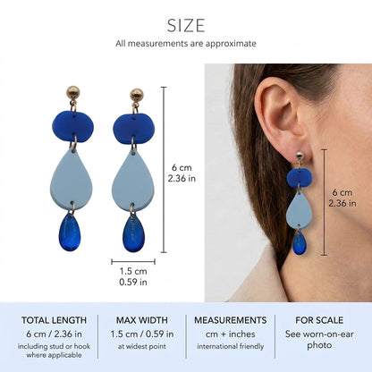 Noor teardrop acrylic drop earrings size guide showing 6 × 1.5 cm