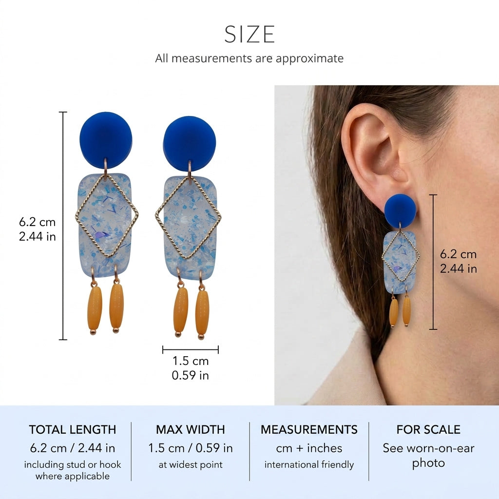 Nora geometric rectangle dangle earrings size guide showing 6.2 × 1.5 cm