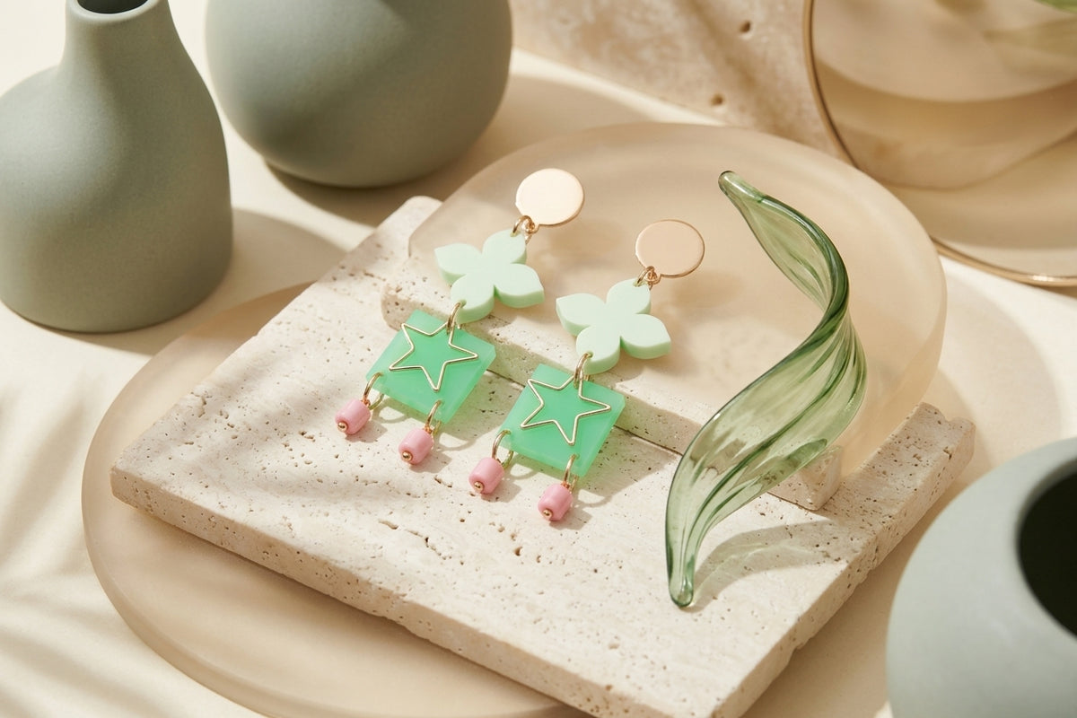 Green Rose floral star drop earrings in a styled product setting
