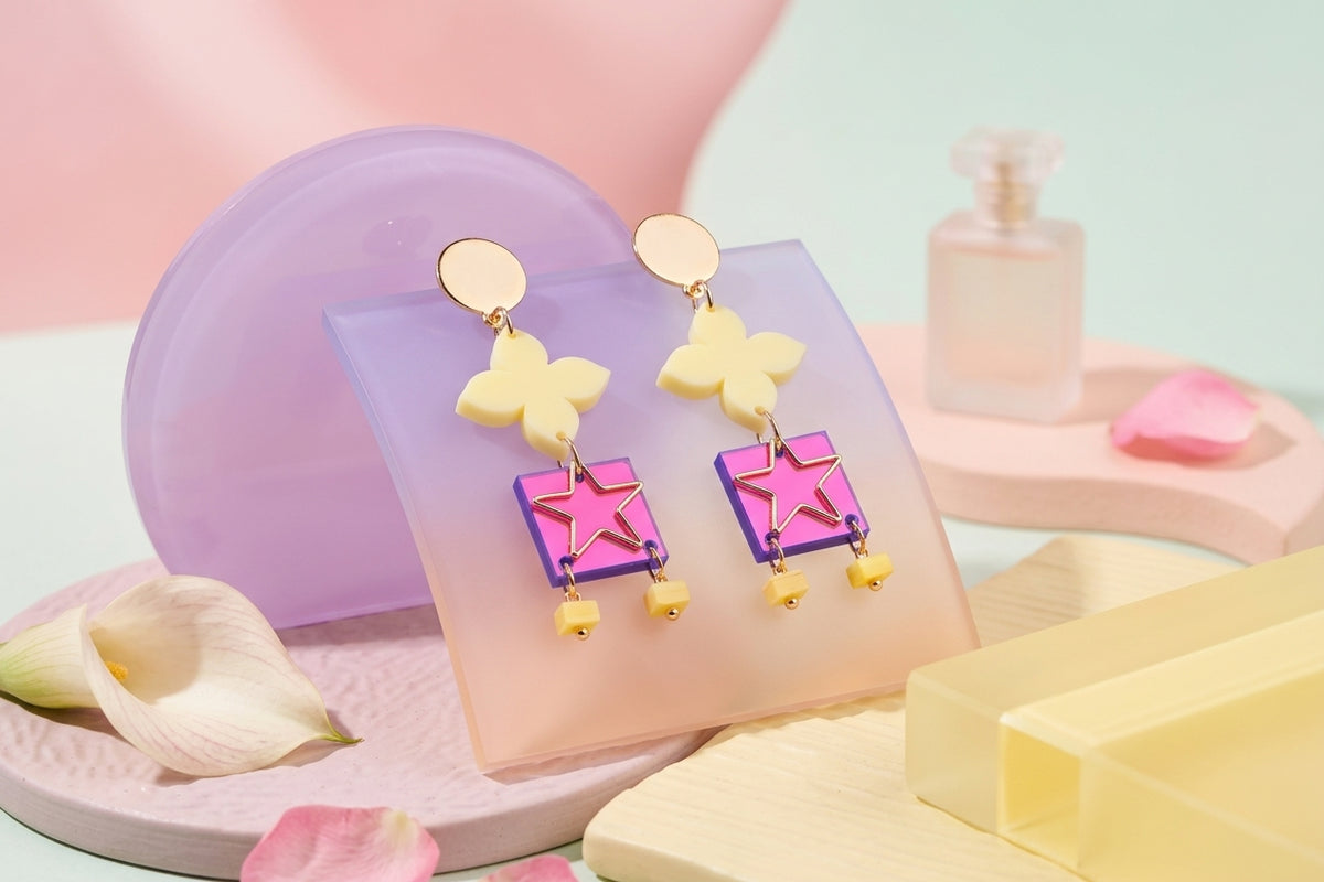 HB Rose floral star drop earrings in a styled product setting