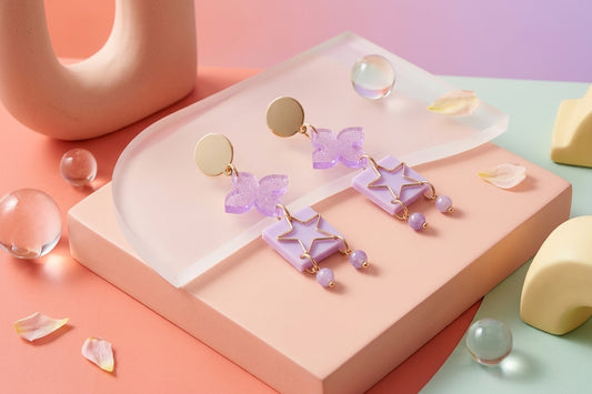 Purple Rose floral star drop earrings in a styled product setting
